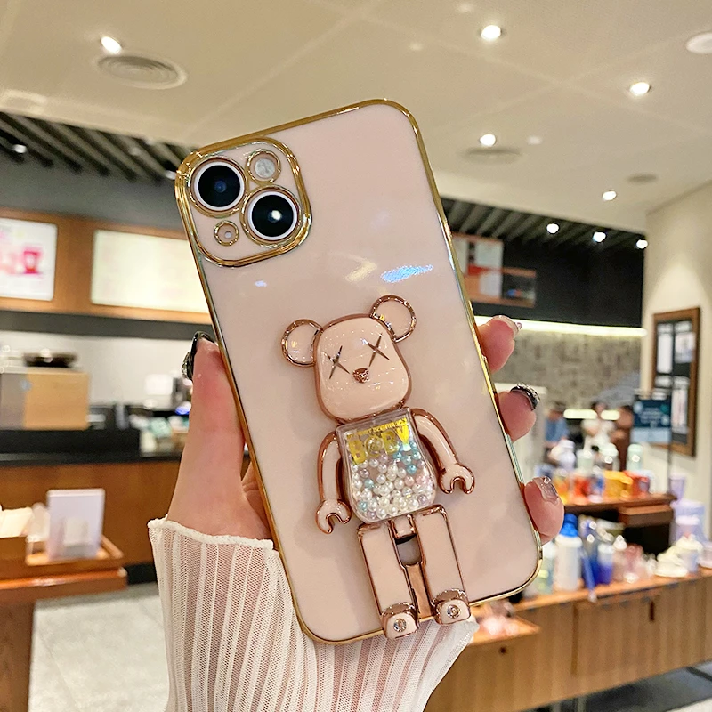 适用苹果14/华为/oppo/vivo/小米13手机壳电镀高级感糖果熊支架女