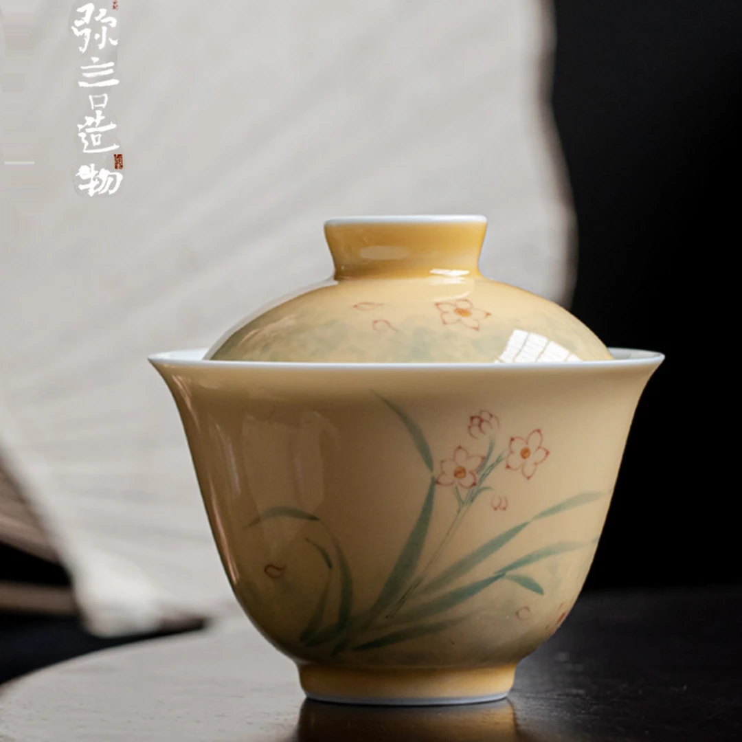 纯手绘兰花手工陶瓷盖碗茶杯单个高端不烫手功夫茶碗薄胎家用