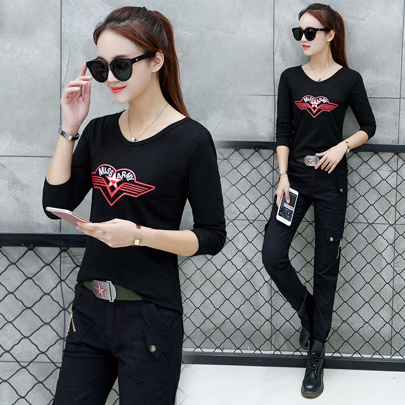 扩旅【段码清仓】【圆领】【V领】春季长袖纹t恤女纯色休闲百搭迷彩大码