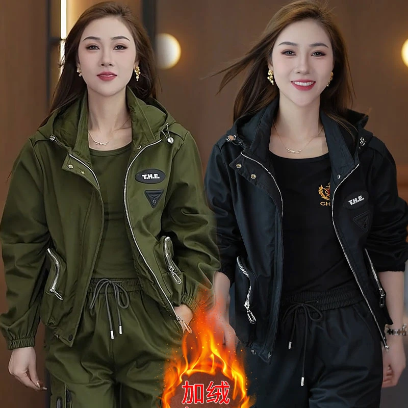 新款工装夹克女百搭休闲运动工装风帽子款外套女加绒大码保暖211