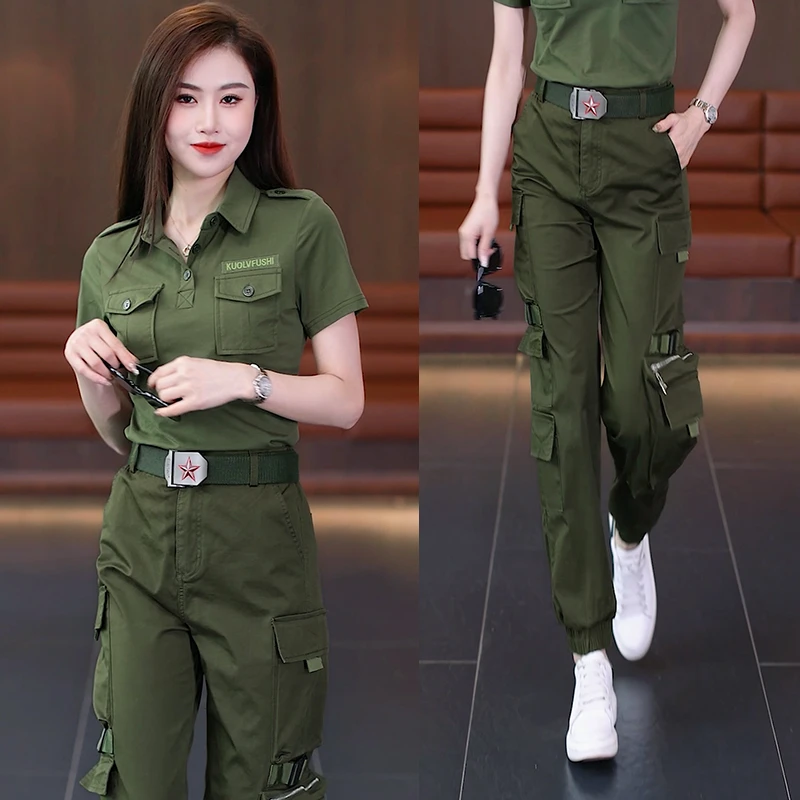 休闲军绿色套装女迷彩服弹力棉显瘦夏季修身套装女大码6665+107