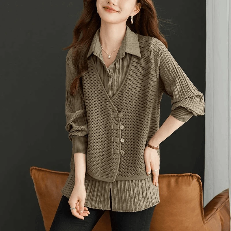 大码春秋装薄款拼接假两件上衣洋气冰丝针织衫胖mm宽松遮肚打底衫