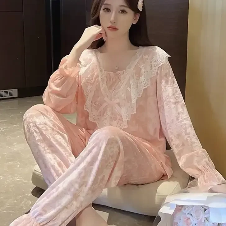 【喜韵】甜美公主风睡衣金钻绒蕾丝宫廷风保暖家居服两件套可外穿