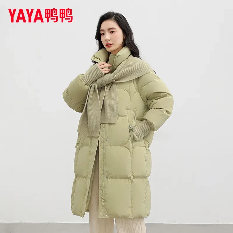 YAYA/鸭鸭羽绒服女中长款配围巾时尚连帽宽松加厚外套YE3B627241A