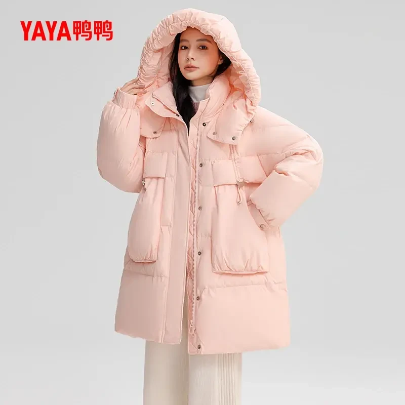 YAYA/鸭鸭连帽宽松保暖韩版百搭中长款蝴蝶设计羽绒服YE4B616381A