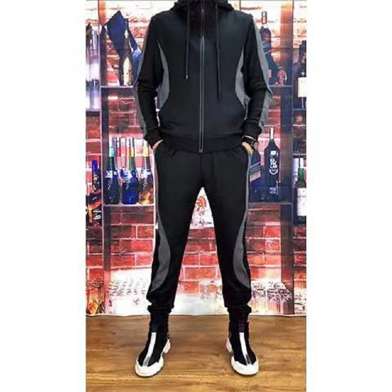 运动套装男士拼色百搭透气卫衣时尚小脚卫裤春秋季新款连帽休闲服