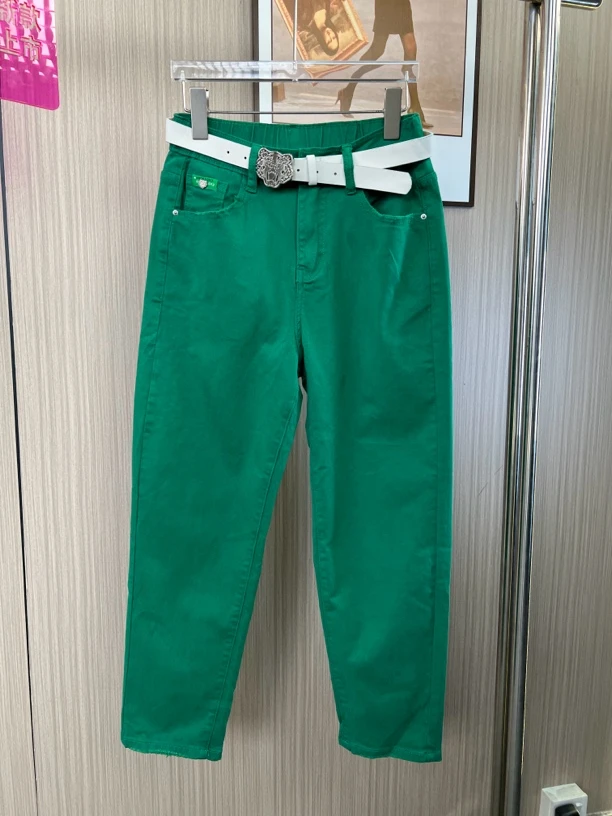 0379品牌撤柜剪标松紧腰绿色牛仔裤女装直筒九分裤
