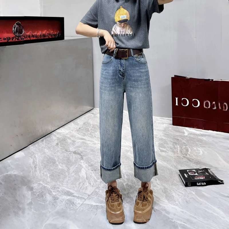 大码直筒牛仔裤女2025春秋新款胖mm弹力宽松小个子卷边九分男友裤