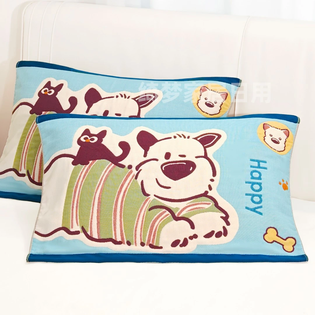 【萌宠】八层加厚纱布枕巾52x78纯棉一对装枕头盖巾家用高档不掉色