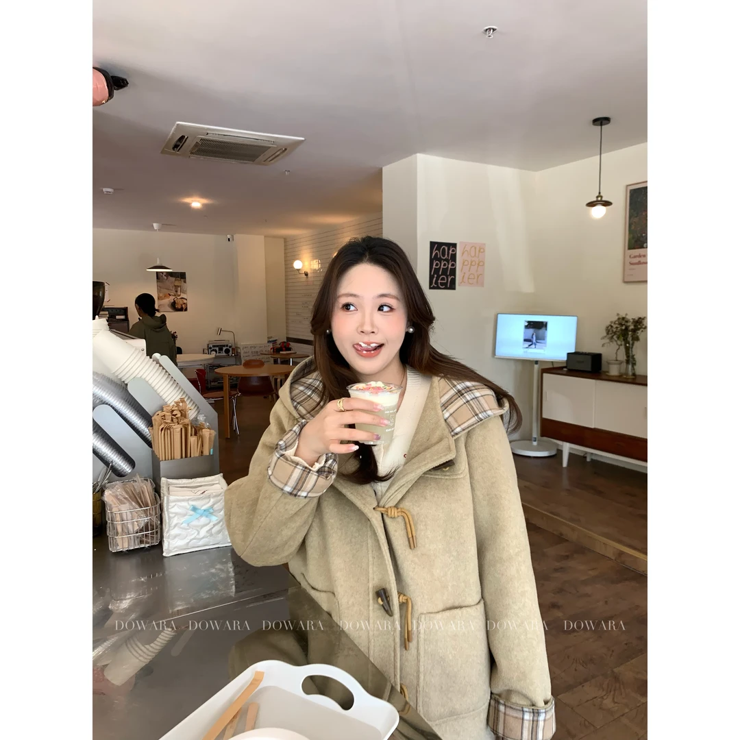 现货大婉酱千千微胖定制【枫糖拿铁】夹棉毛呢牛角扣连帽外套 5758D