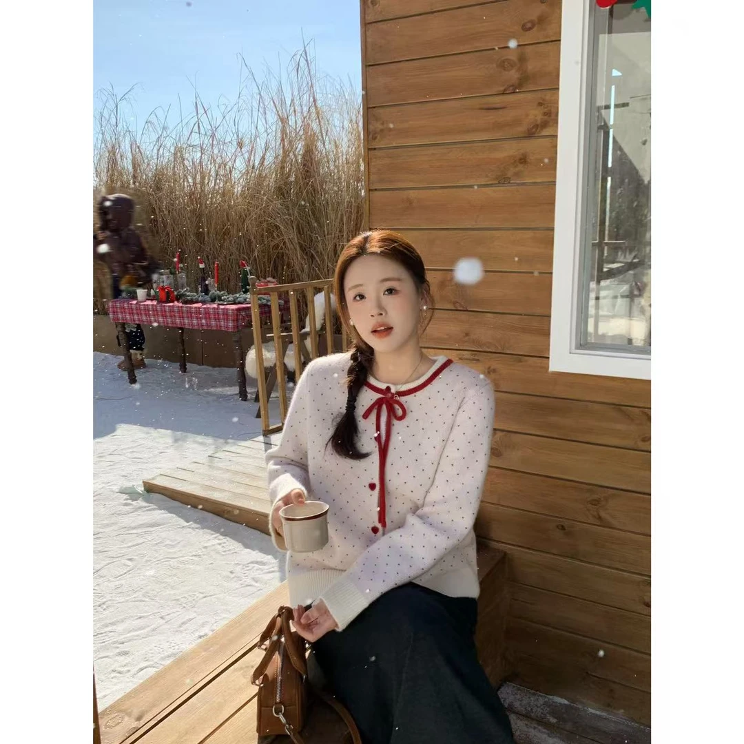 现货7571D大婉酱千千微胖定制【圣诞限定】红色爱心毛衣显瘦开衫