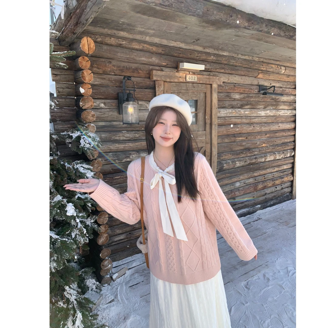 现货大婉酱微胖定制【圣诞限定】韩系蝴蝶结拼接麻花宽松毛衣7693D