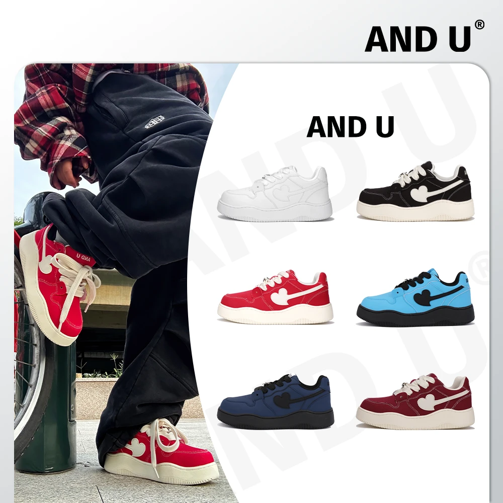AND U新款休闲面包鞋百搭潮流厚底6CM增高爱心鞋情侣板鞋男女同款