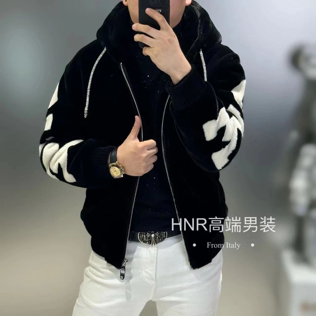 连帽抽绳烫钻字母印花图案新款男士轻奢时尚潮流毛毛夹克外套9199