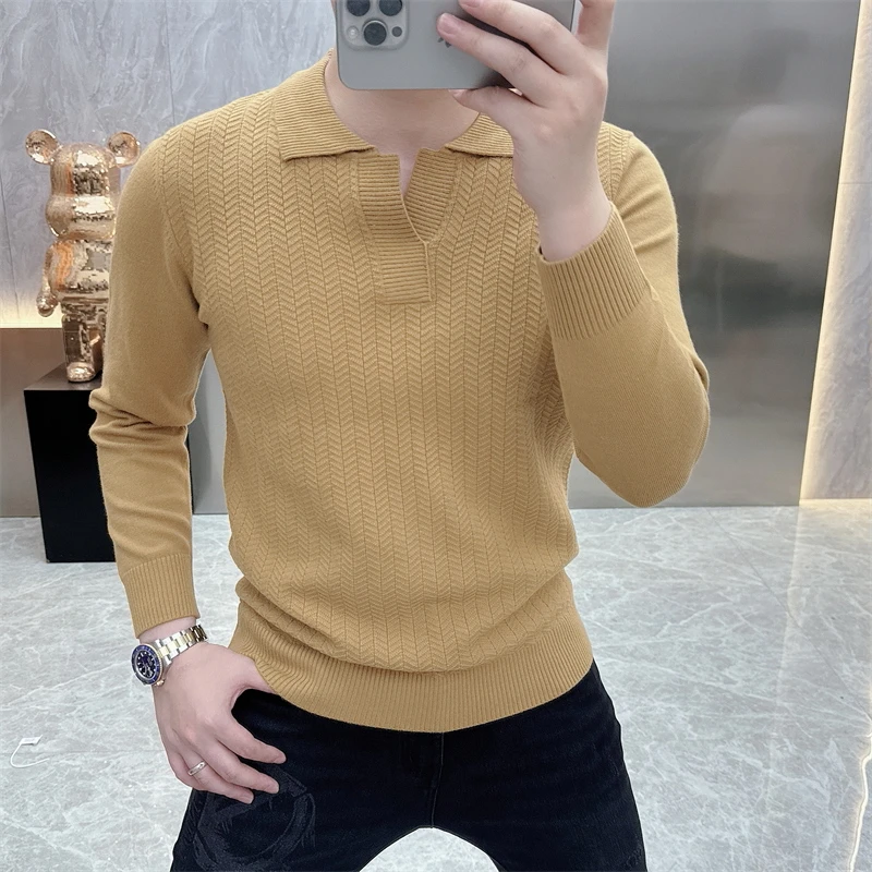 2024秋冬新款简约百搭翻领羊毛针织衫修身帅气青年时尚长袖毛衣男
