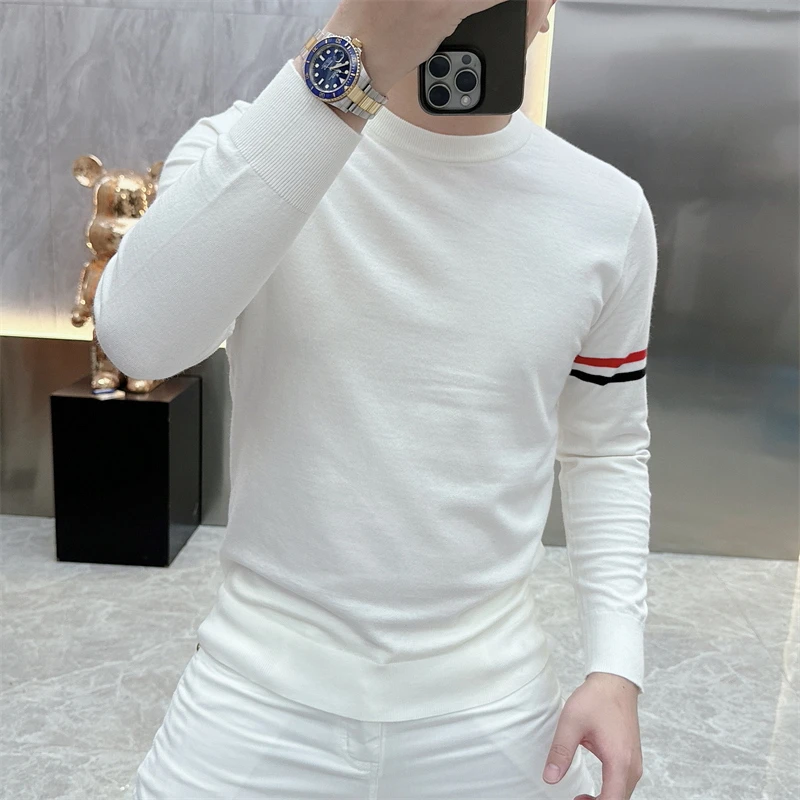 2024秋冬季个性条纹男士针织衫修身帅气百搭休闲圆领长袖打底毛衣