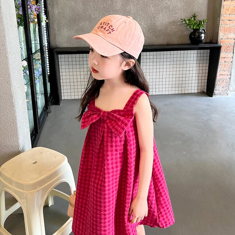 夏季女童宝宝韩版时尚洋气格子蝴蝶结吊带连衣裙616
