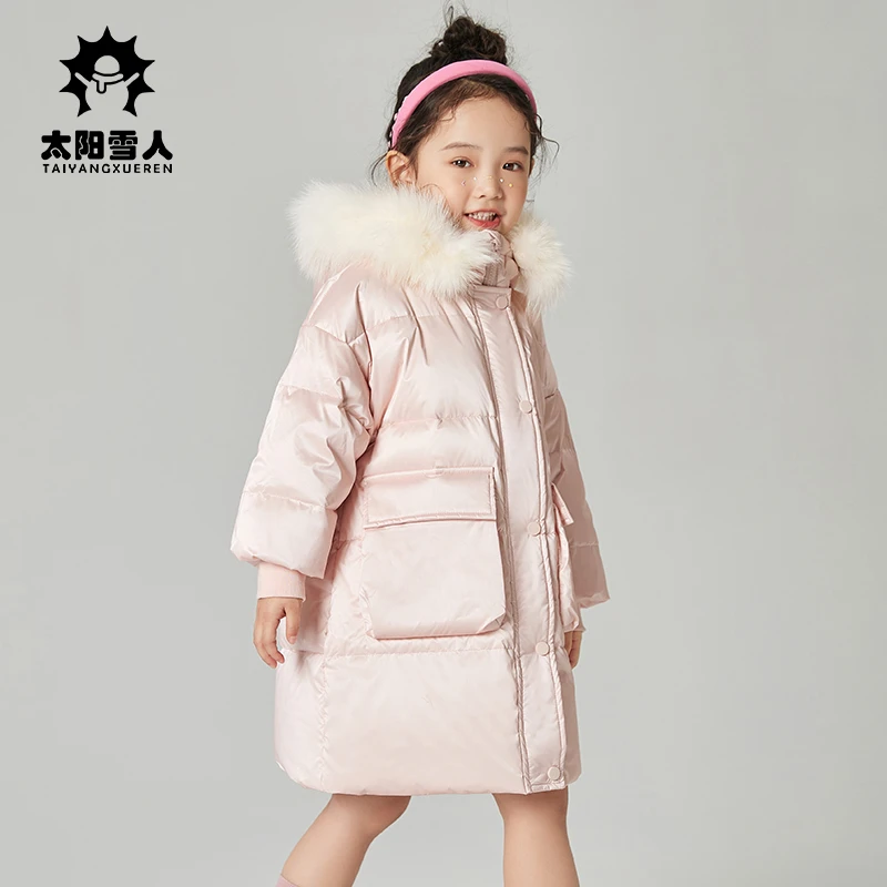 太阳雪人【笨蛋熊】冬季女童中长款保暖连帽加厚羽绒服890101