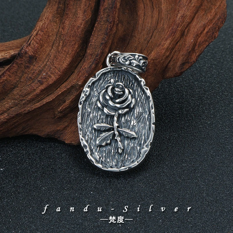 吊坠925银 纯银高级玫瑰花吊坠复古时尚潮酷百搭简约小众圆牌坠子