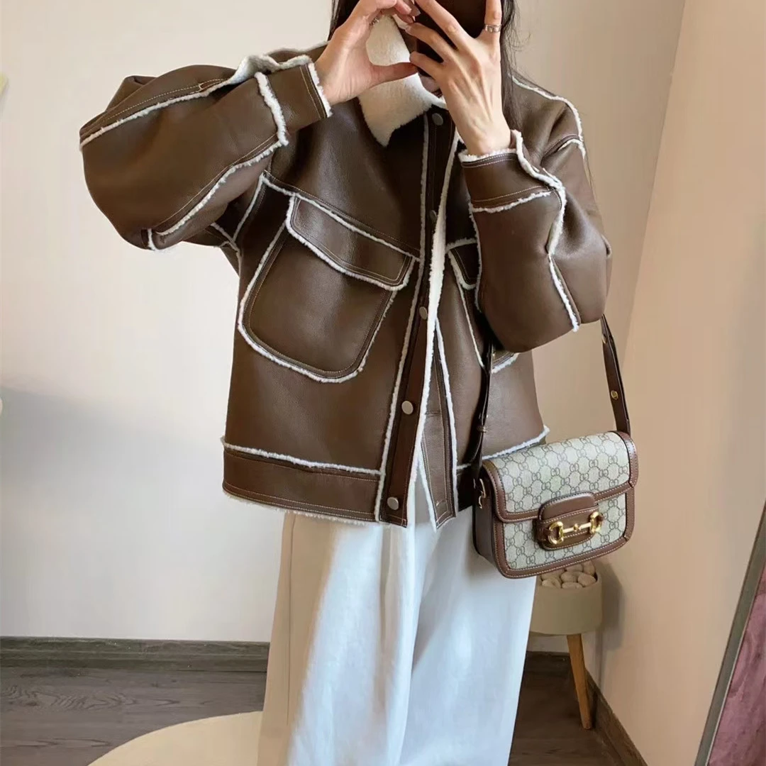 K2330 美拉德拼接斜口袋皮衣外套 H231012