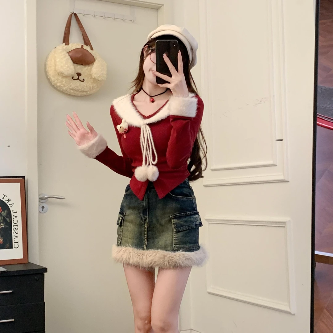 冬日辣妹 织物猪原创 圣诞氛围感秋冬长袖毛毛拼接针织衫