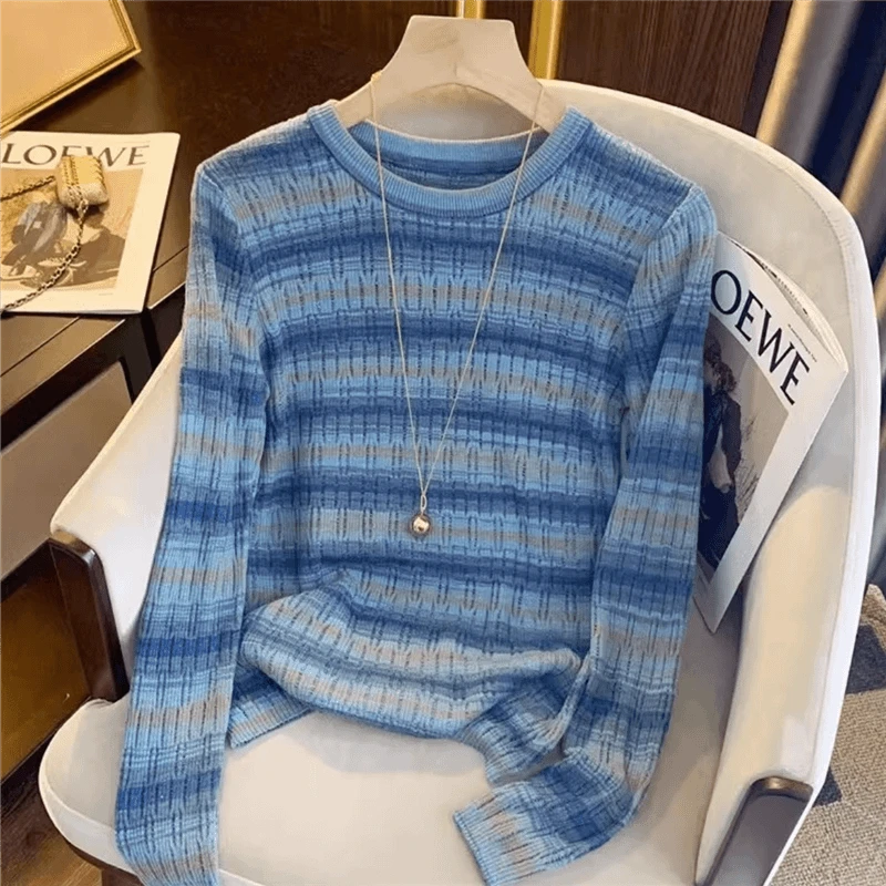 阿英破洞镂空条纹软糯毛衣女温柔复古设计感慵懒风绵羊毛针织衫