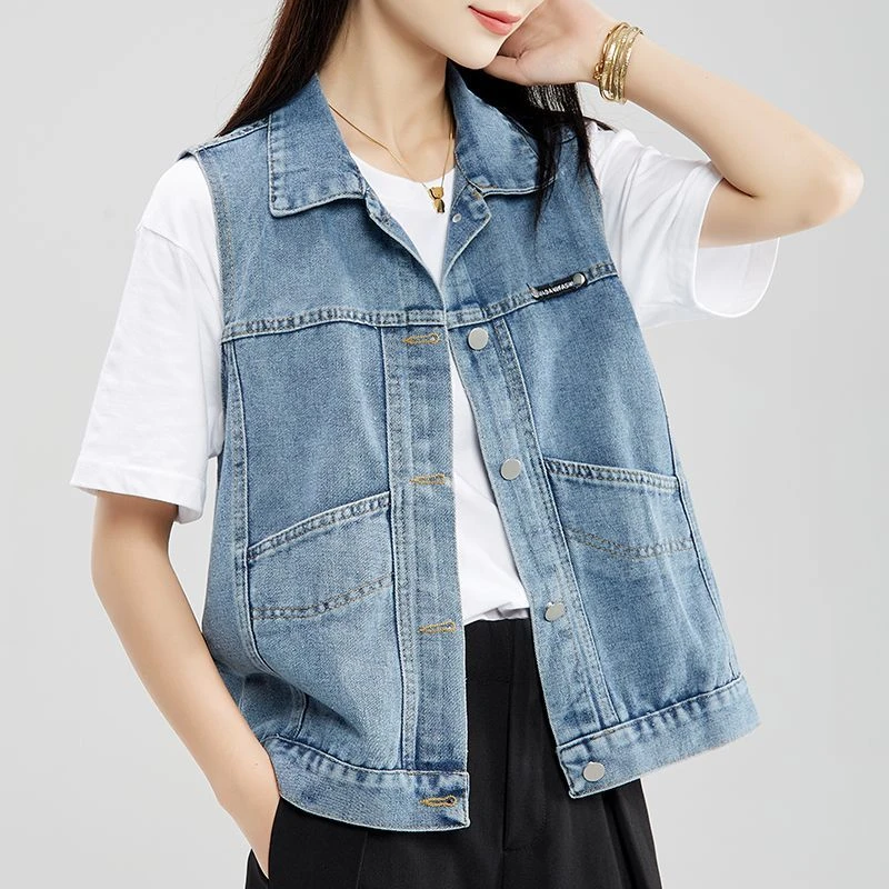 百搭刺绣牛仔马甲2024新款宽松大码单层休闲口袋背心坎肩外搭潮