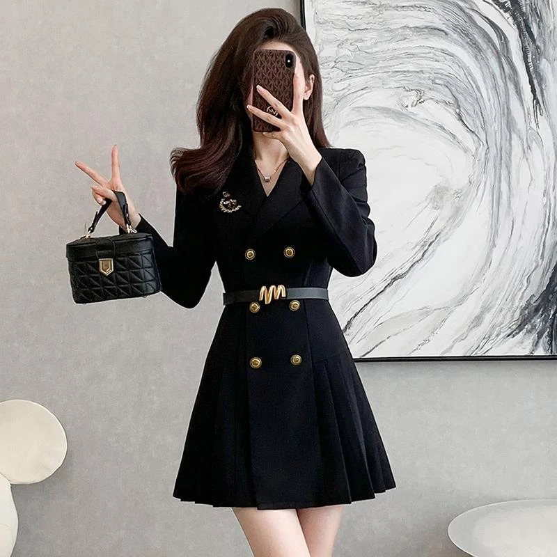 拉夏贝尔小个子赫本风西装连衣裙2024秋季新款气质黑色西服修身百