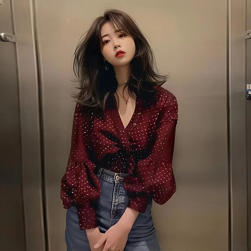 拉夏贝尔酒红色雪纺波点灯笼袖气质小衫长袖衬衫奢华大牌高端女士