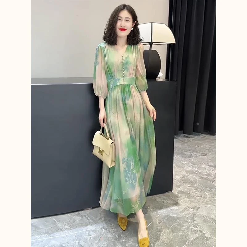 拉夏贝尔高端精致职场女神范碎花雪纺连衣裙女2024夏季新款气质名