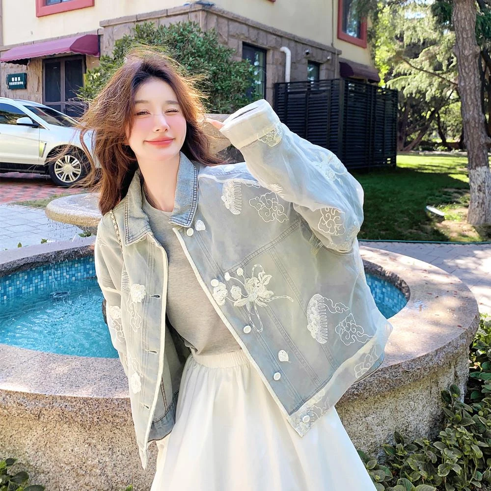 拉夏贝尔蕾丝刺绣拼接牛仔外套女春秋法式减龄浪漫复古流行超好看