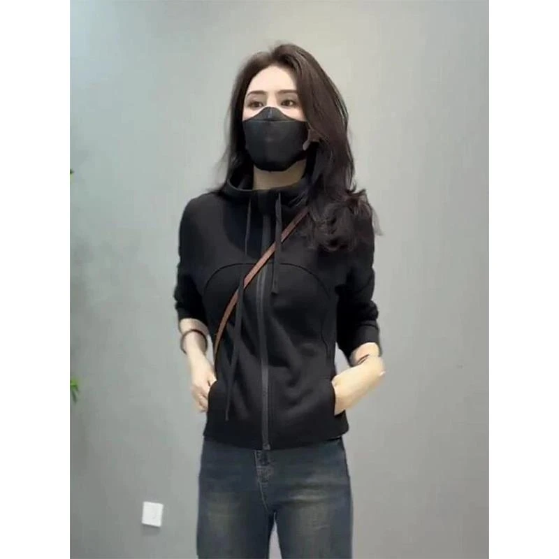 韩系休闲运动黑色连帽卫衣外套女秋季小个子修身显瘦短款拉链上衣