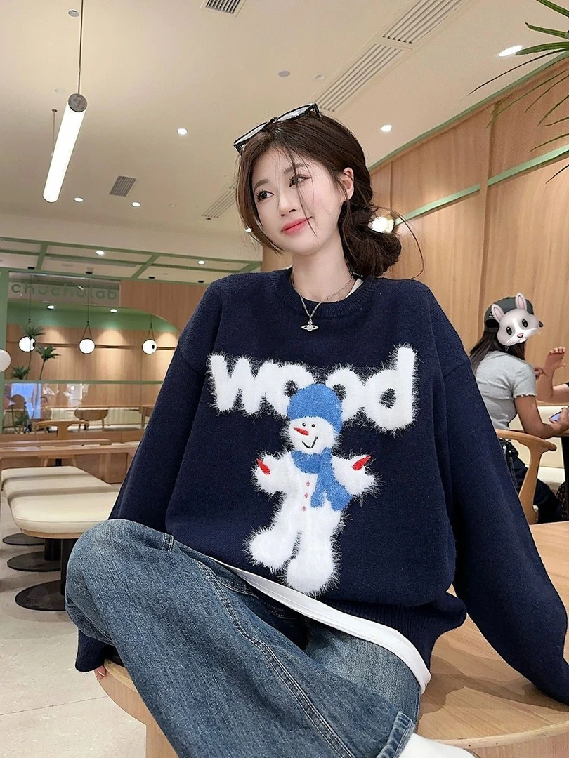 韩版雪人毛衣软糯宽松设计感重工女2024冬季新款显瘦圆领套头上衣