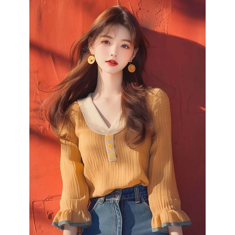 洋气高端别致衬衫春秋显瘦气质长袖针织打底小众设计感宽松v领