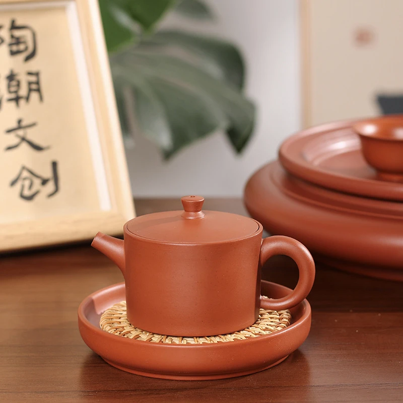 潮州朱泥全手汉瓦壶大口三杯功夫小茶壶纯手工中式全手工复古茶壶