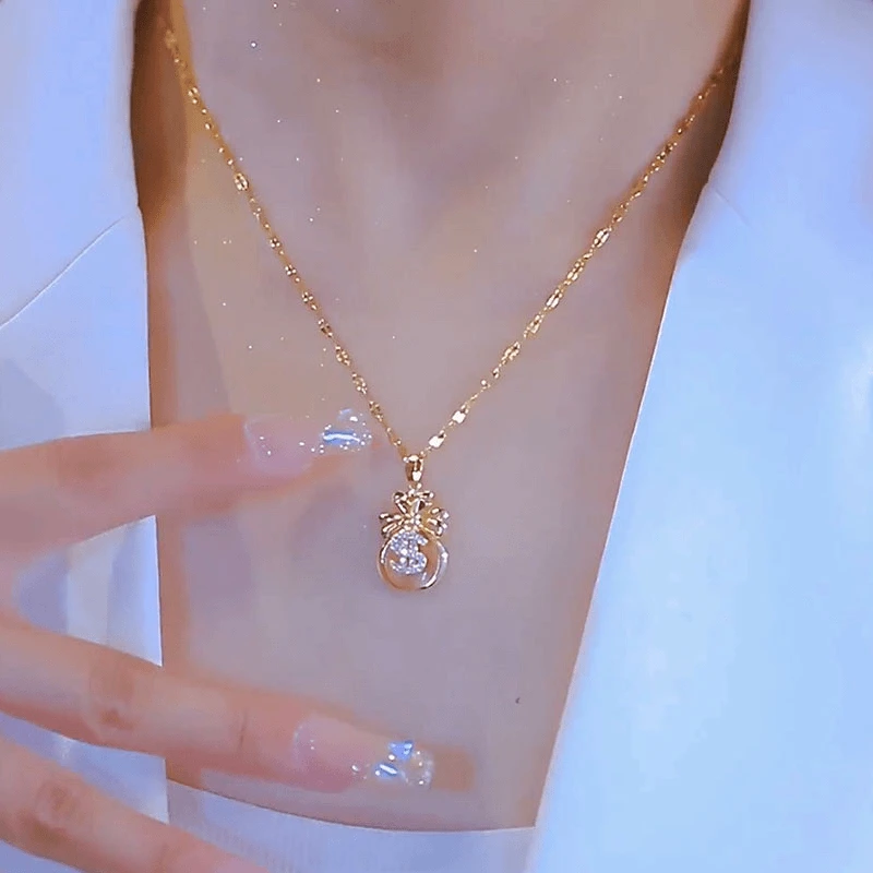 钛钢项链 新款水粉钱袋仿钻项链防水防汗不掉色优雅大气高级百搭