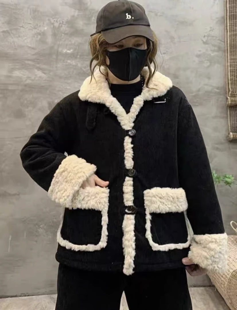 复古女装保暖百搭外套妈妈装冬款时尚加绒加厚休闲慵懒风拼接外套