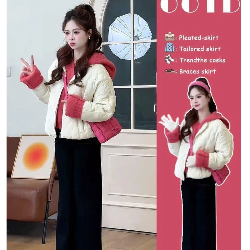 流行时尚女装2024年秋冬时髦减龄菱形格棉衣棉服外套阔腿裤三件套