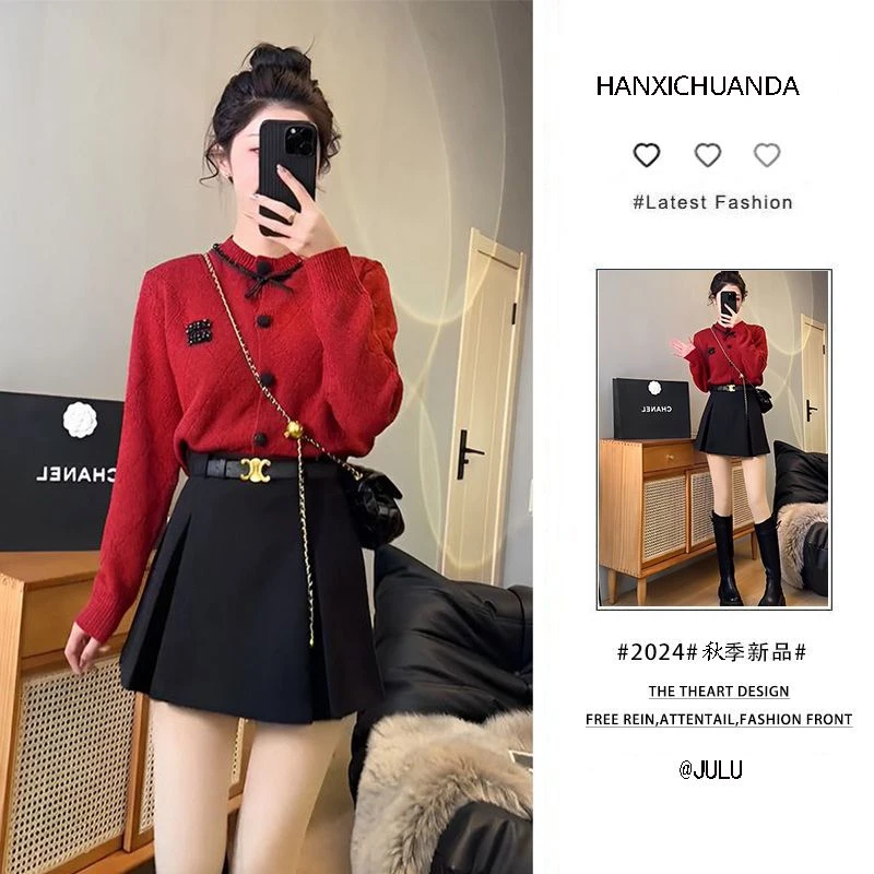 2024甜美风女装新款穿搭一整套宽松时尚针织上衣高腰半身裙两件套