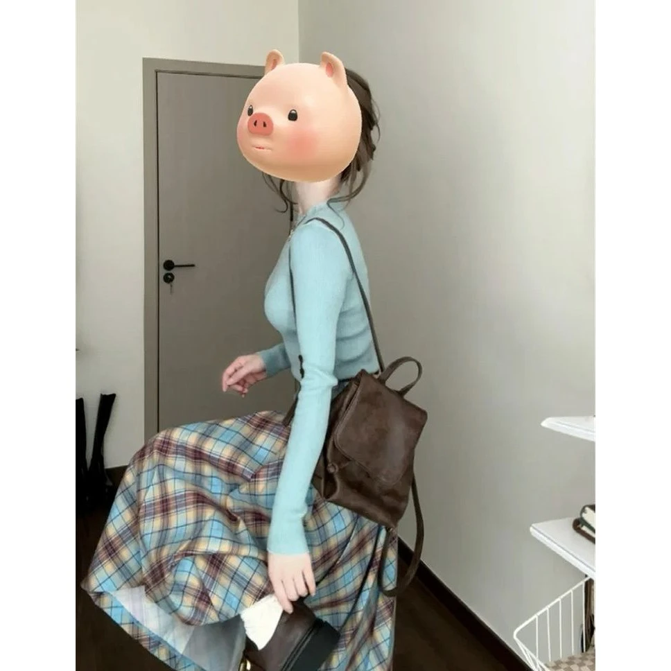 秋季温柔系穿搭女2024新款韩版减龄针织上衣气质格纹半身裙两件套