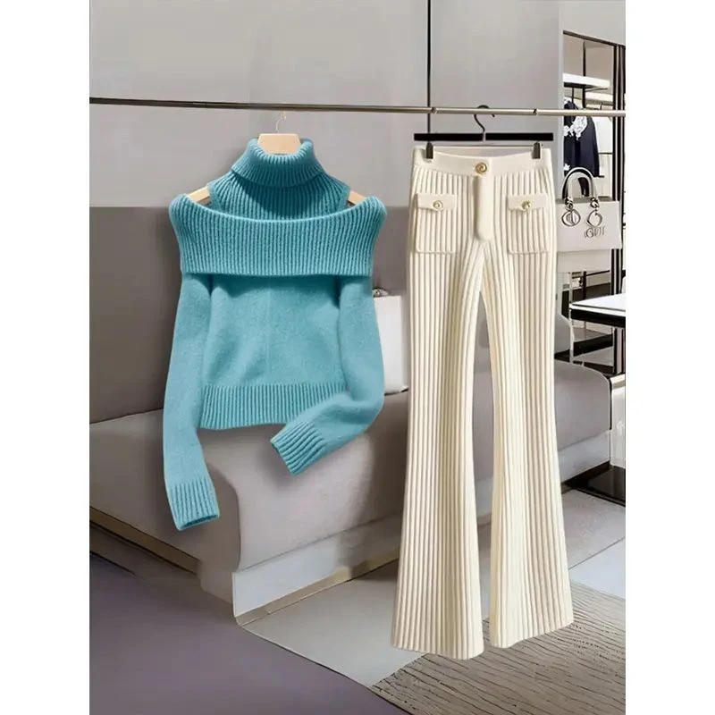 冬季套装女2024新款大码女装法式小香风露肩毛衣百搭休闲裤两件套