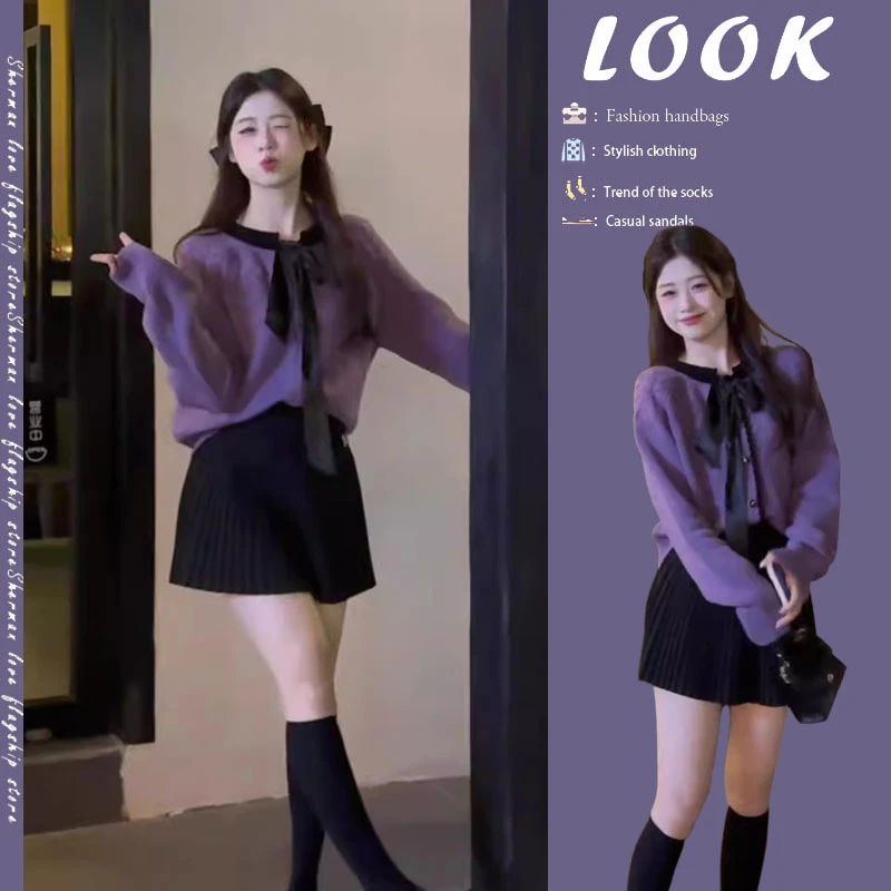 2024秋冬新款法式气质蝴蝶结系带针织毛衣上衣百搭高腰百褶半身裙