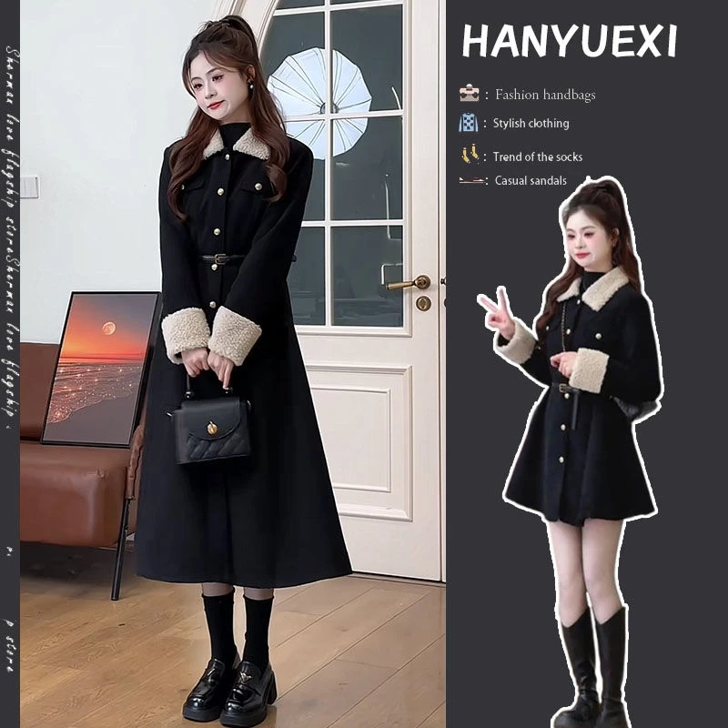 时尚冬季一整套女装2024新款韩版气质翻领中长款收腰显瘦外套大衣