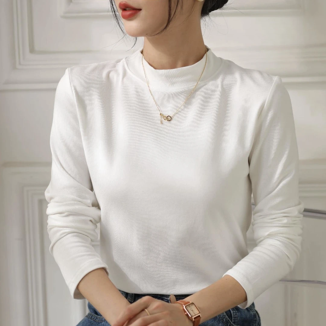 小立领纯色打底衫秋冬季半高领螺纹弹力棉百搭显瘦上衣长袖女t恤