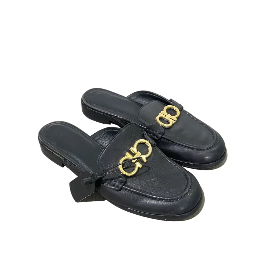 95新 FERRAGAMO/菲拉格慕 37码  黑色金标半拖鞋  re9426