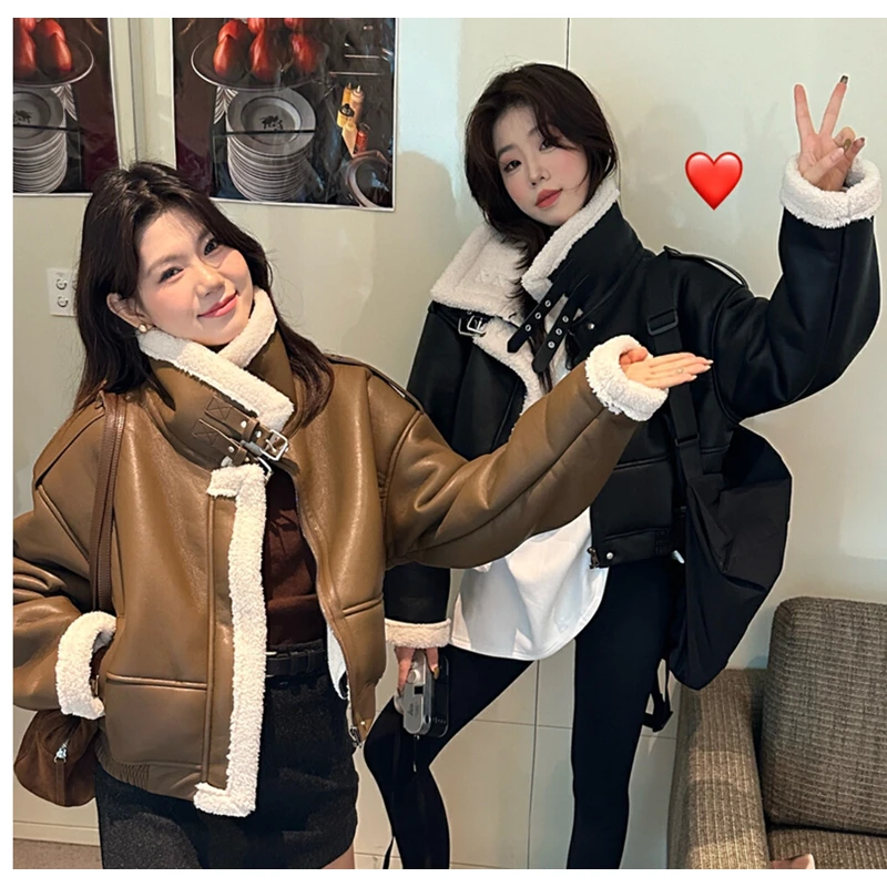 THE LIMON柠檬绿茶机车风皮毛一体加厚外套女士秋冬立领加绒皮衣