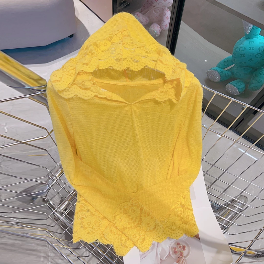 女士秋装新款磨毛蕾丝打底上衣潮牌时尚女装连帽正版蕾丝打底衫
