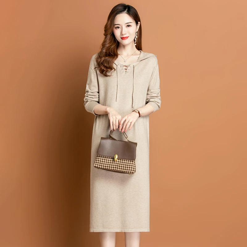 爆款过膝长款连帽卫衣裙女秋冬新款休闲显瘦纯色大码宽松针织毛衣