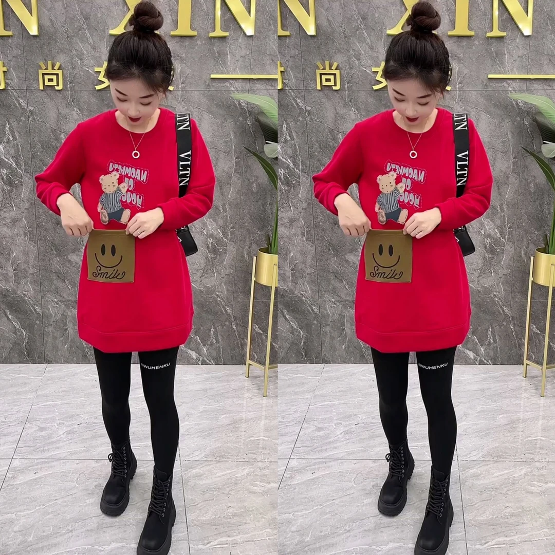 大码卫衣时尚宽松加绒加厚秋冬长袖百搭显瘦中长款圆领连衣裙红色