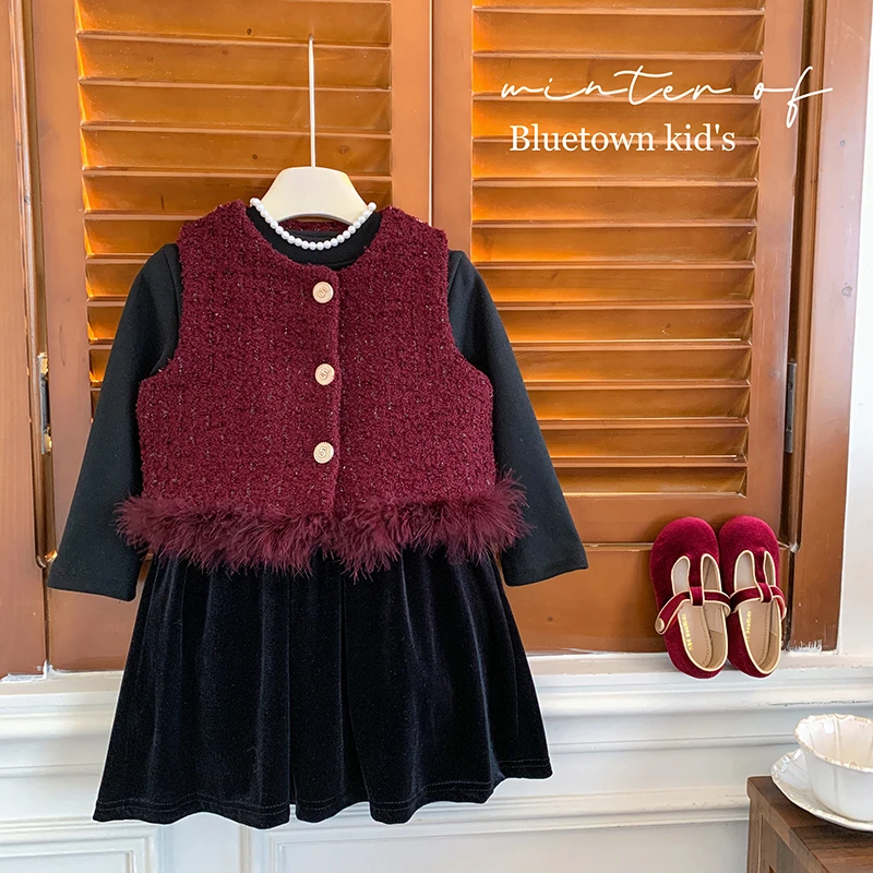 【本妈】2024冬“香柏茉莉”女童加厚毛绒绒马甲+加绒打底裙Z237